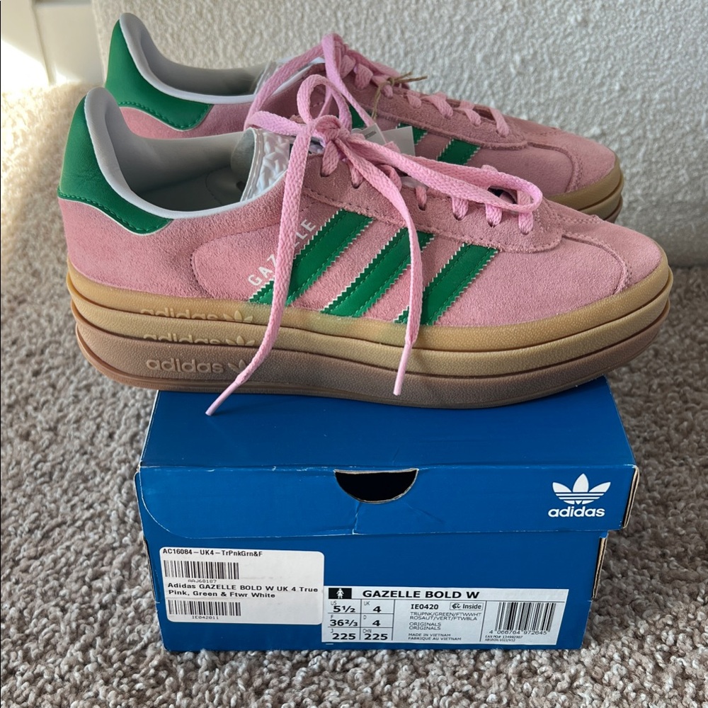 Adidas - NWT! - Pink and Green Gazelle Bold Platform Suede Sneakers